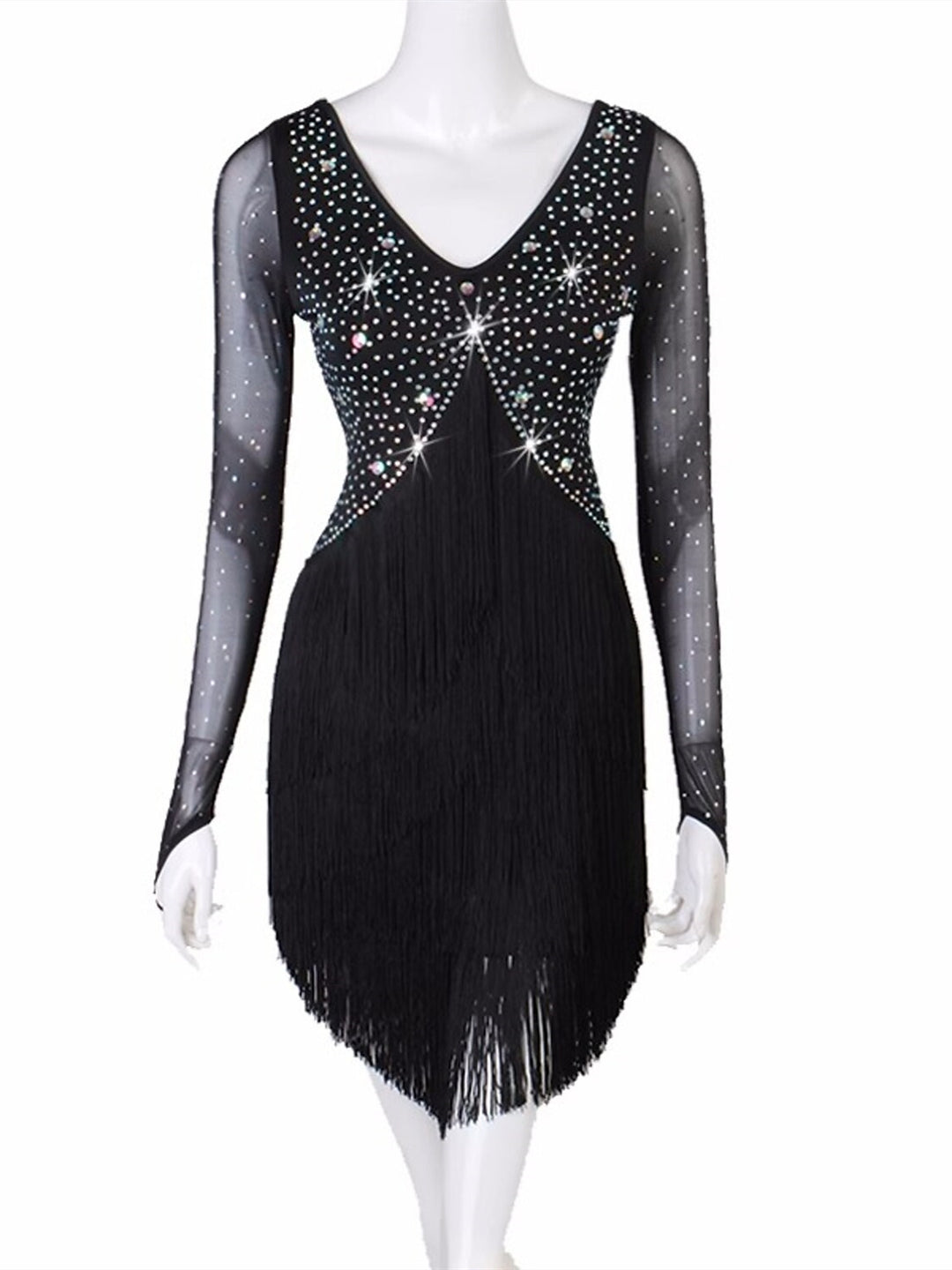 Latin Dance Dress Tassel Pure Color Crystals/Rhinestones Women's Performance Party Long Sleeve Mesh Spandex