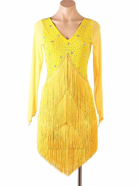 Latin Dance Dress Tassel Pure Color Crystals/Rhinestones Women's Performance Party Long Sleeve Mesh Spandex