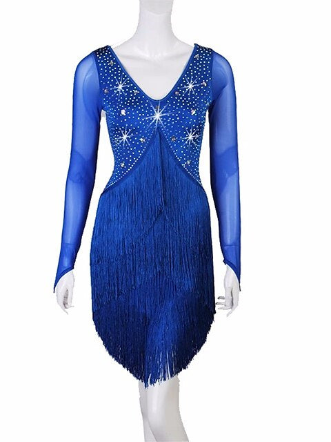 Latin Dance Dress Tassel Pure Color Crystals/Rhinestones Women's Performance Party Long Sleeve Mesh Spandex