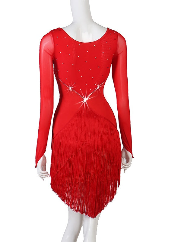 Latin Dance Dress Tassel Pure Color Crystals/Rhinestones Women's Performance Party Long Sleeve Mesh Spandex