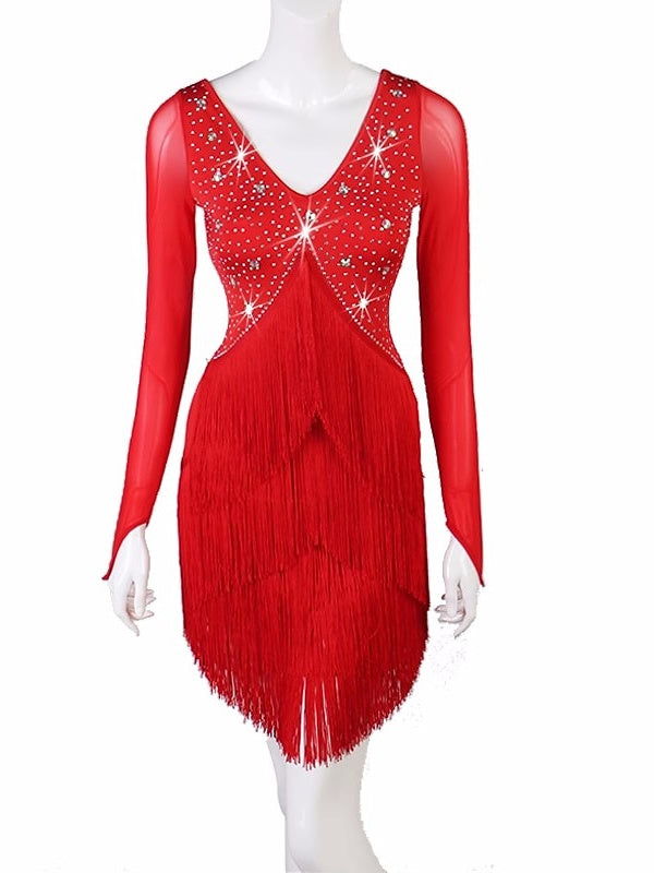 Latin Dance Dress Tassel Pure Color Crystals/Rhinestones Women's Performance Party Long Sleeve Mesh Spandex