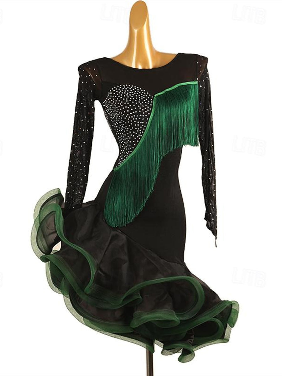 Latin Dance Dress Tassel Crystals/Rhinestones Women's Performance Long Sleeve Spandex Organza Dark Green Latin Dance Dress Tassel Crystals/Rhinestones Women's Performance Long Sleeve Spandex Organza Dark Green