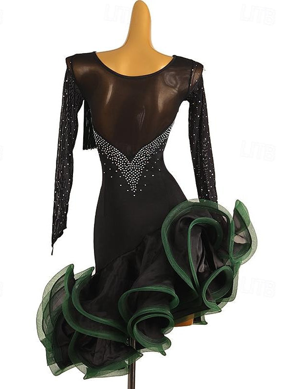 Latin Dance Dress Tassel Crystals/Rhinestones Women's Performance Long Sleeve Spandex Organza Dark Green Latin Dance Dress Tassel Crystals/Rhinestones Women's Performance Long Sleeve Spandex Organza Dark Green
