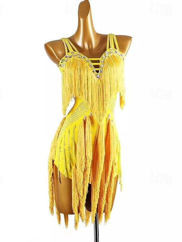 Latin Dance Dance Tassel Pure Color Splicing Women's Performance  Sleeveless Chinlon Spandex