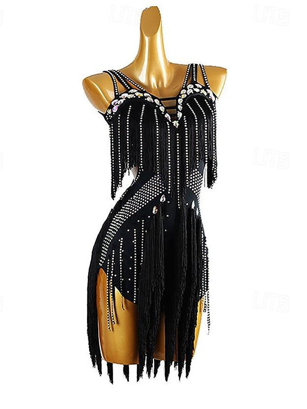 Latin Dance Dance Tassel Pure Color Splicing Women's Performance  Sleeveless Chinlon Spandex