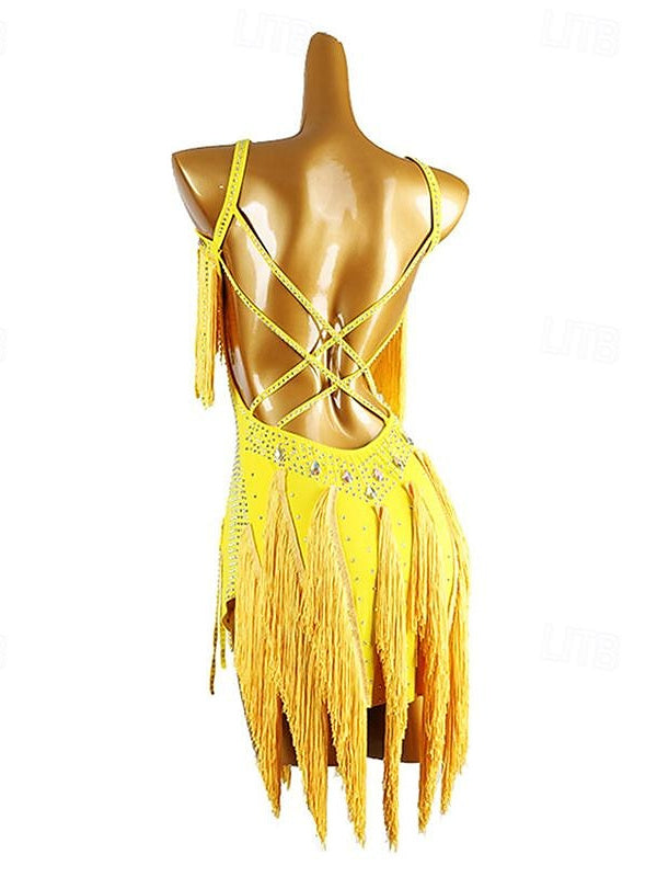 Latin Dance Dance Tassel Pure Color Splicing Women's Performance  Sleeveless Chinlon Spandex