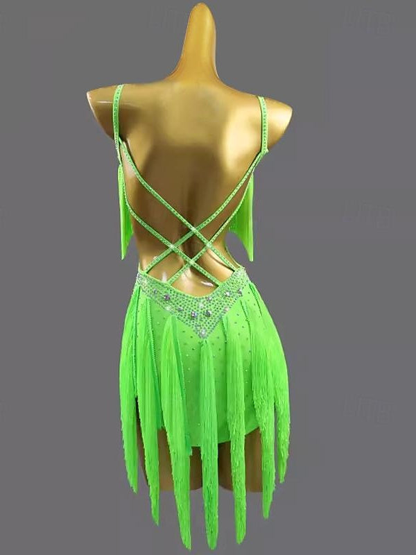 Latin Dance Dance Tassel Pure Color Splicing Women's Performance  Sleeveless Chinlon Spandex