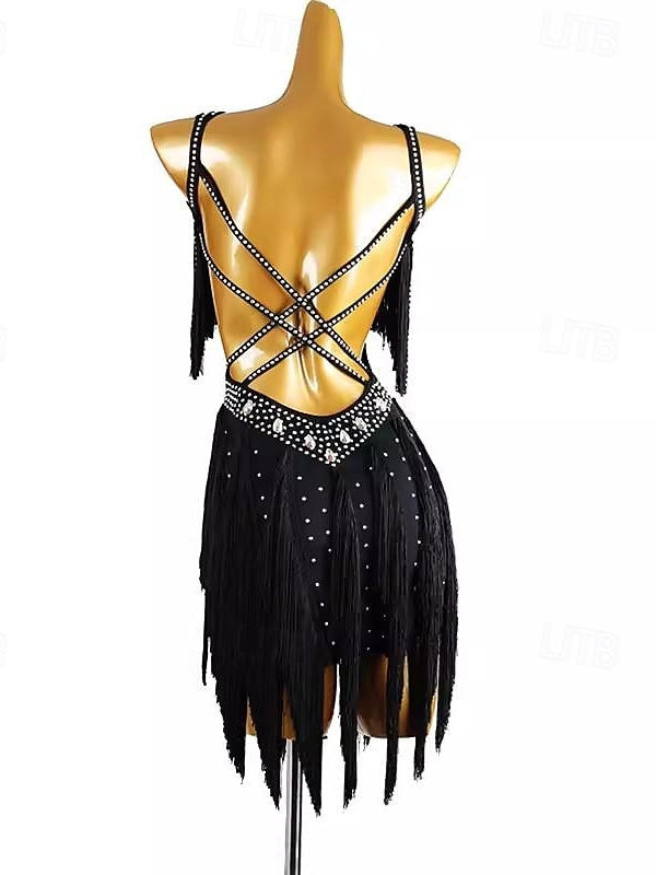 Latin Dance Dance Tassel Pure Color Splicing Women's Performance  Sleeveless Chinlon Spandex