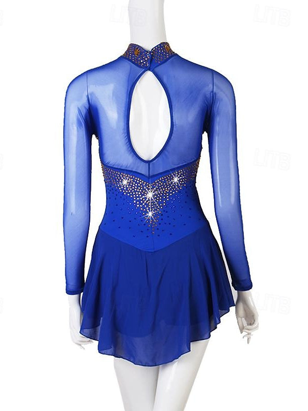 Dance Salsa Latin Dance Dress Rhinestone Women‘s Performance Training Long Sleeve High Spandex Tulle