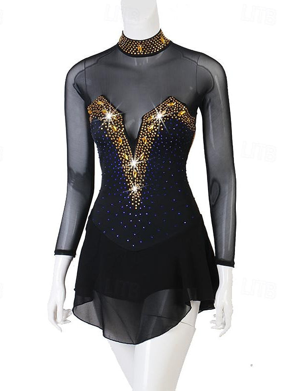 Dance Salsa Latin Dance Dress Rhinestone Women‘s Performance Training Long Sleeve High Spandex Tulle