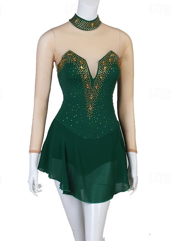 Dance Salsa Latin Dance Dress Rhinestone Women‘s Performance Training Long Sleeve High Spandex Tulle