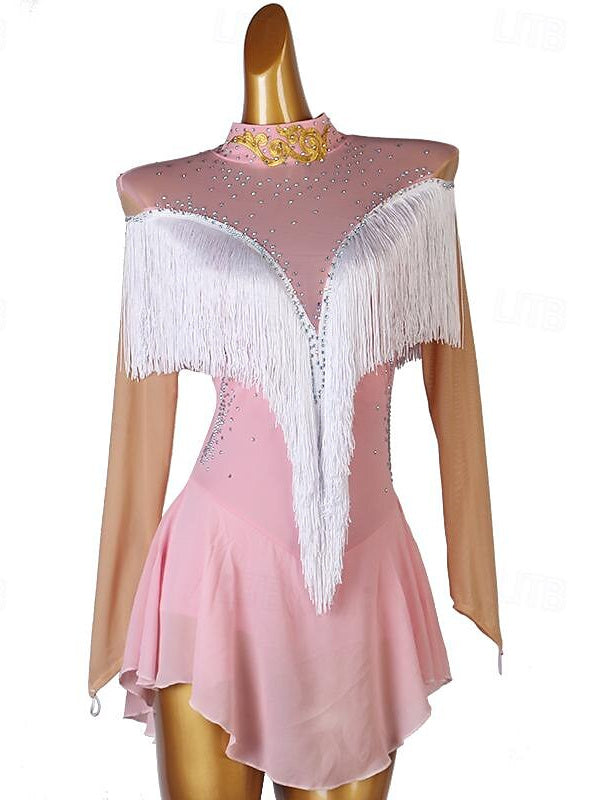 Dance Salsa Latin Dance Dress Rhinestone Tassel Women‘s Performance Training Long Sleeve High Spandex Tulle