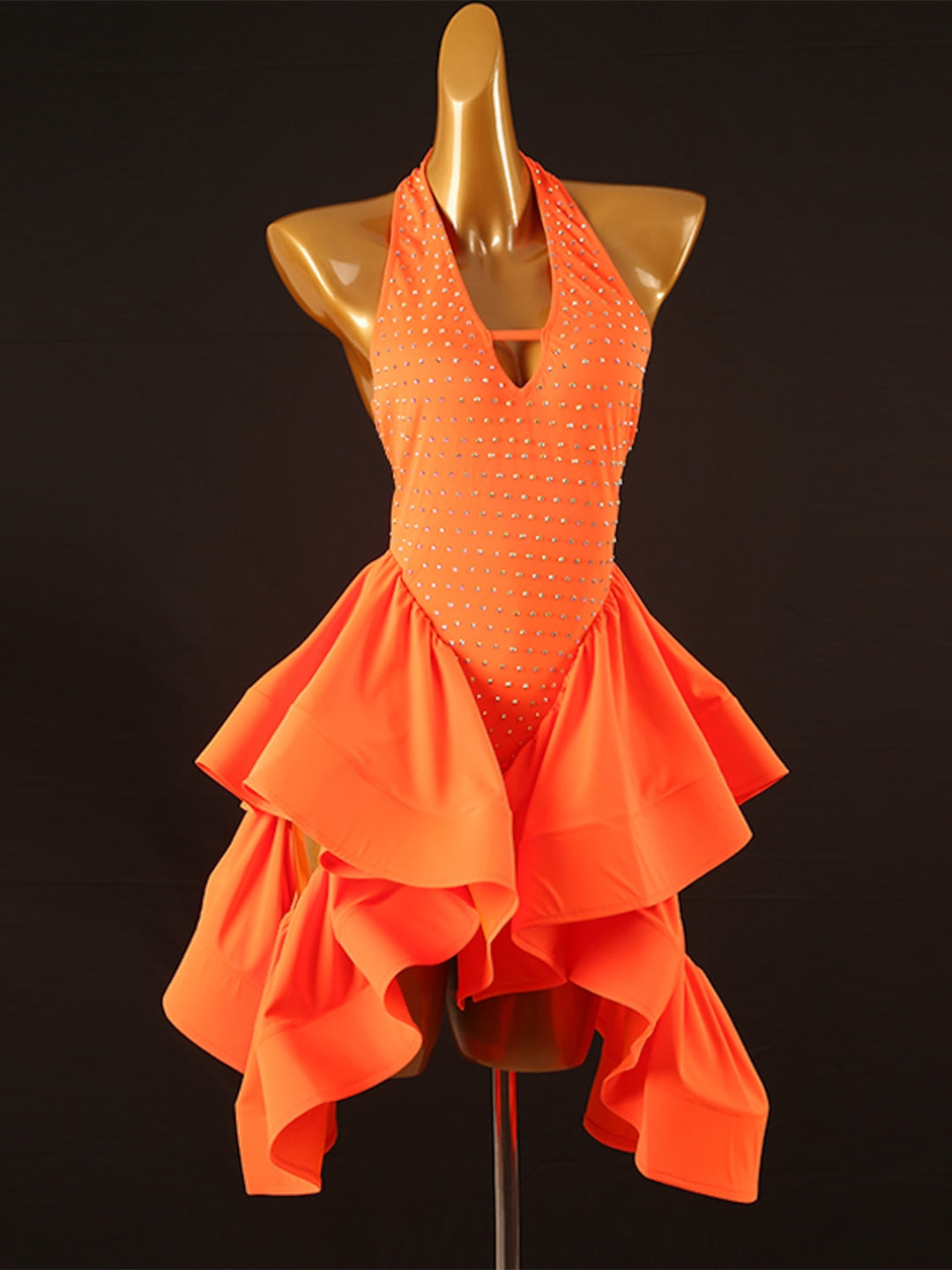 Dance Salsa Latin Dance Dress Pure Color Splicing Crystals/Rhinestones Women?s Performance Training Sleeveless Chinlon Spandex, S / Orange