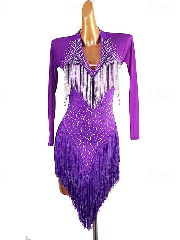 Latin Dance Dress Crystals/Rhinestones Women's Performance  Long Sleeve Spandex