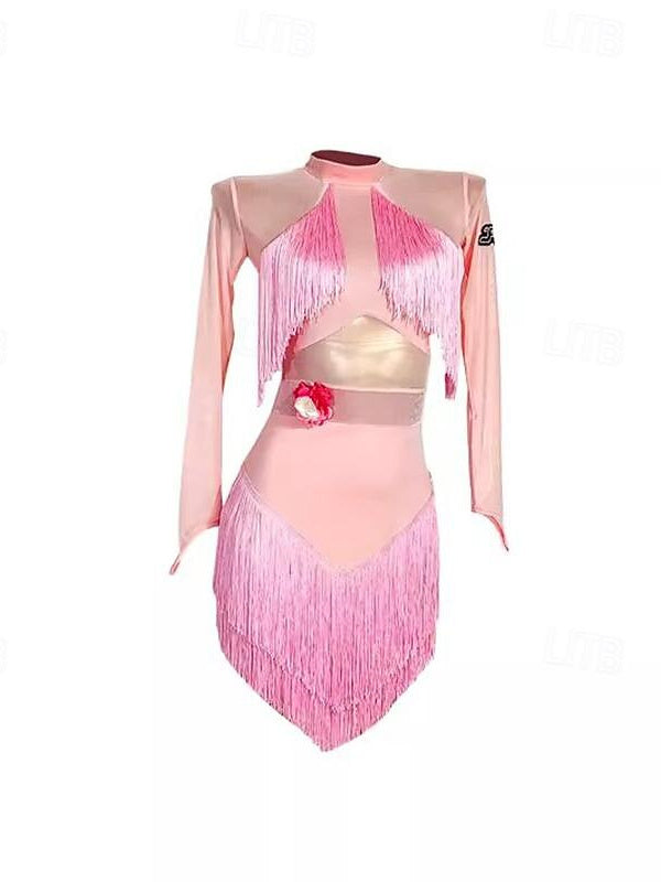 Latin Dance Dress Tassel Pure Color Splicing Women's Performance Training Long Sleeve Mesh Velvet Milk Fiber