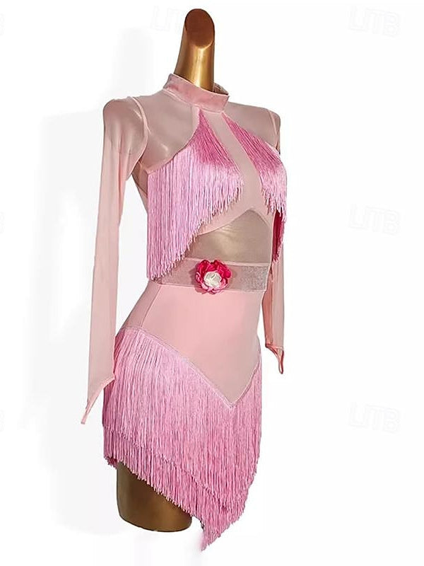 Latin Dance Dress Tassel Pure Color Splicing Women's Performance Training Long Sleeve Mesh Velvet Milk Fiber