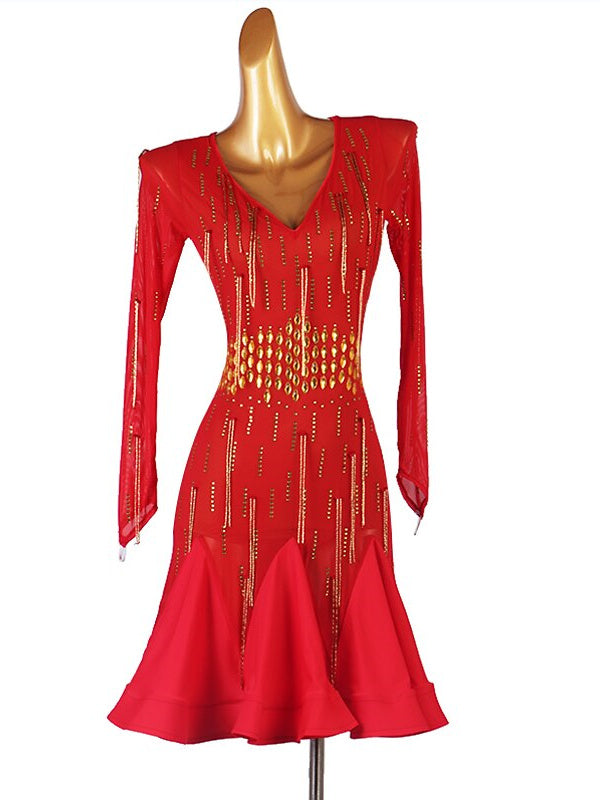 Latin Dance Dress Beading Crystals/Rhinestones Sequins Women‘s Performance Long Sleeve Chinlon Mesh