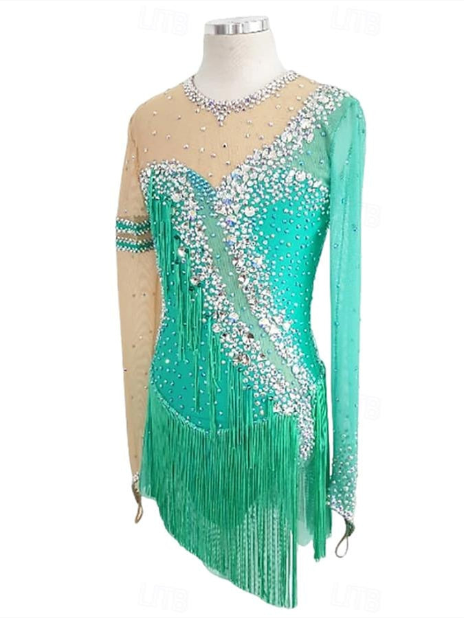 Latin Dance Dress Tassel Crystals/Rhinestones Women's Girls' Performance Training Long Sleeve Stretch Yarn Lycra, S / Green
