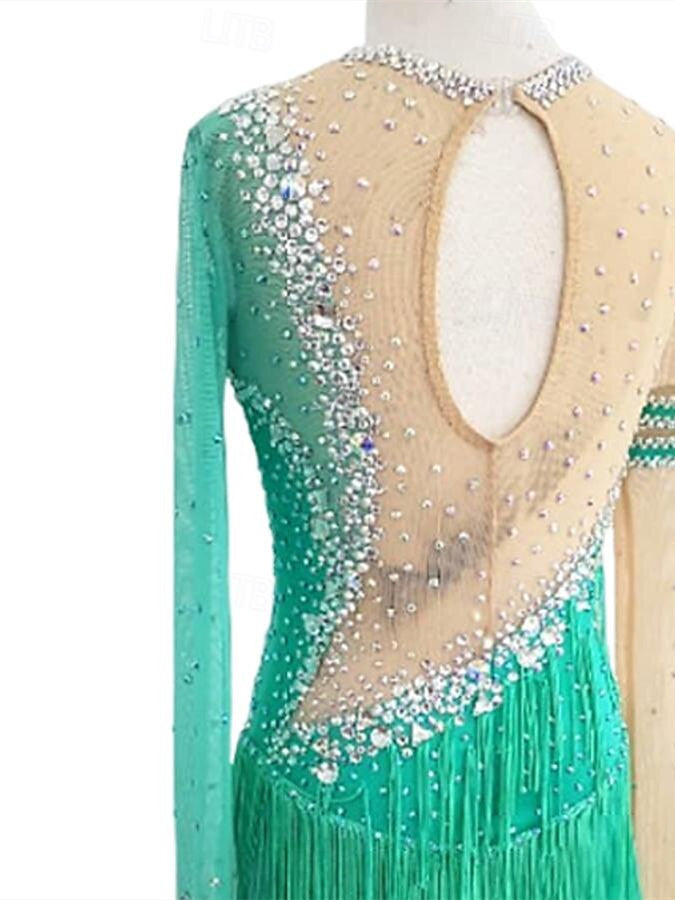 Latin Dance Dress Tassel Crystals/Rhinestones Women's Girls' Performance Training Long Sleeve Stretch Yarn Lycra, S / Green Latin Dance Dress Tassel Crystals/Rhinestones Women's Girls' Performance Training Long Sleeve Stretch Yarn Lycra, S / Green