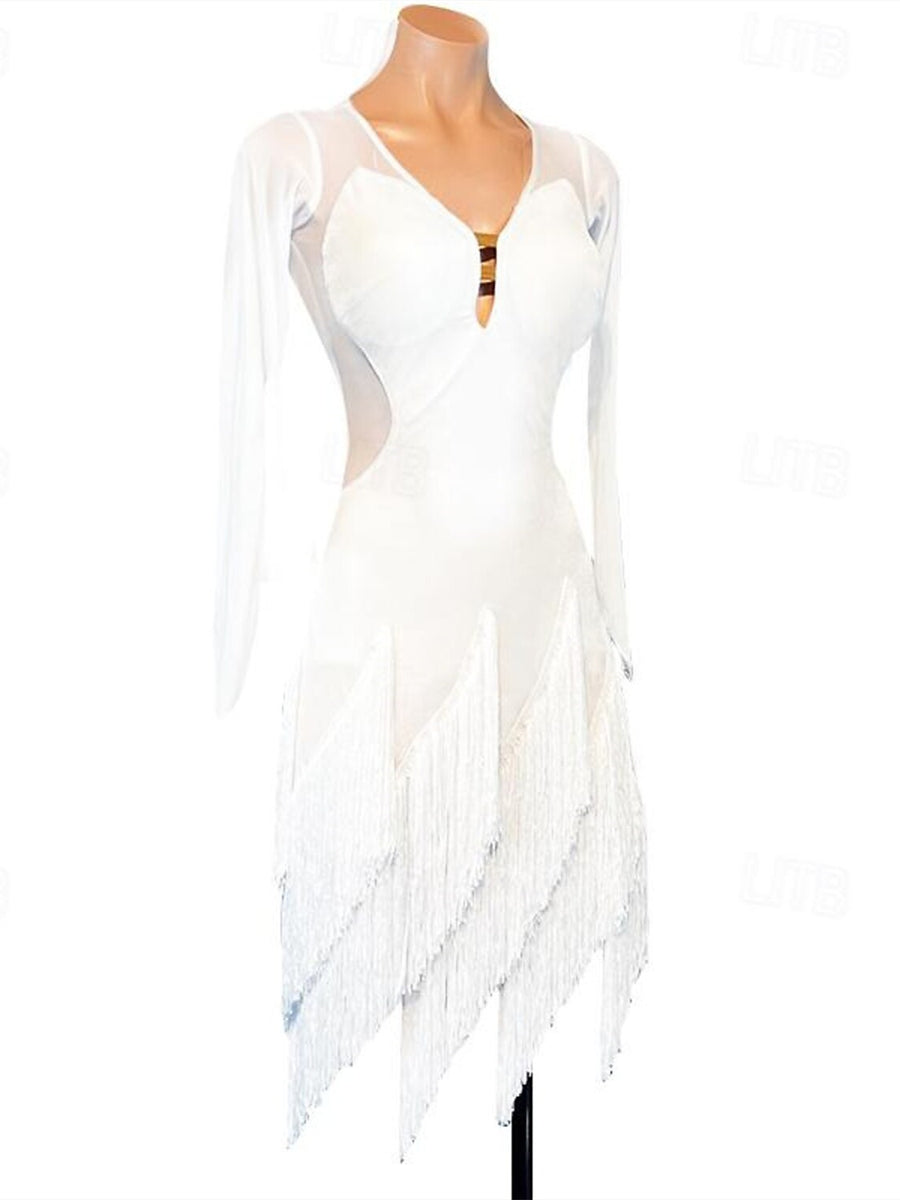 Latin Dance Exotic Dancewear Tassel Women's Performance Daily Wear Long Sleeve Spandex, S / White