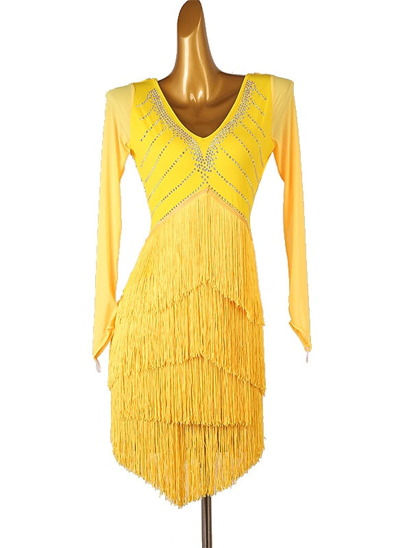 Latin Dance Tassel Crystals/Rhinestones Women's Performance Daily Wear Long Sleeve SPANDEX, S / Yellow