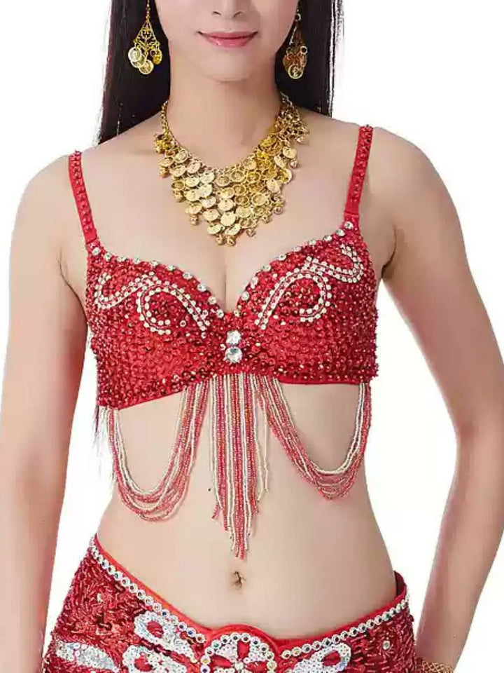 Belly Dancewear Sexy Sparkling Rhinestone Bra with Beading Tassel