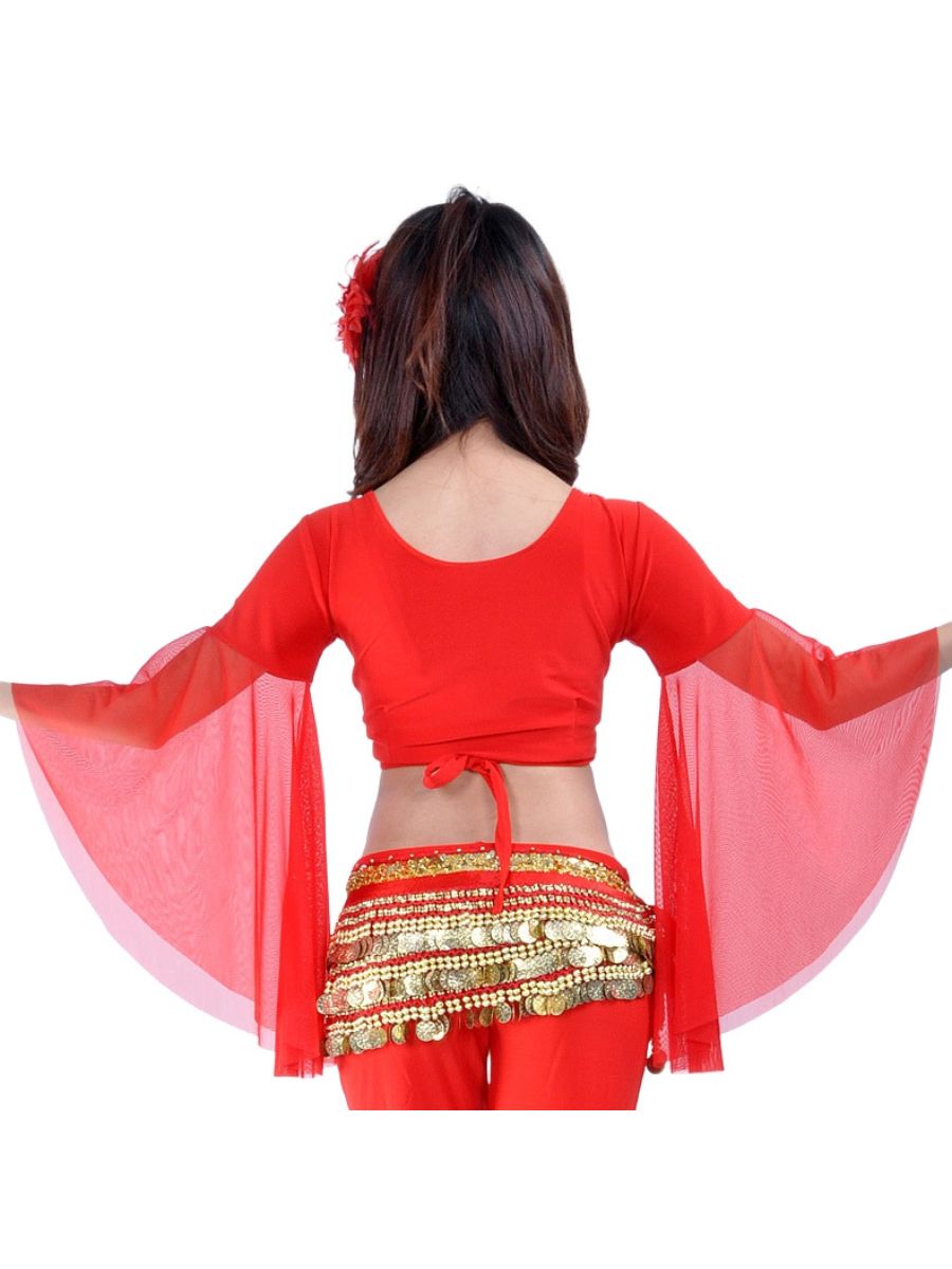 Belly Dance Indian Long Sleeve Tulle Ruched Short Top Performance Costume