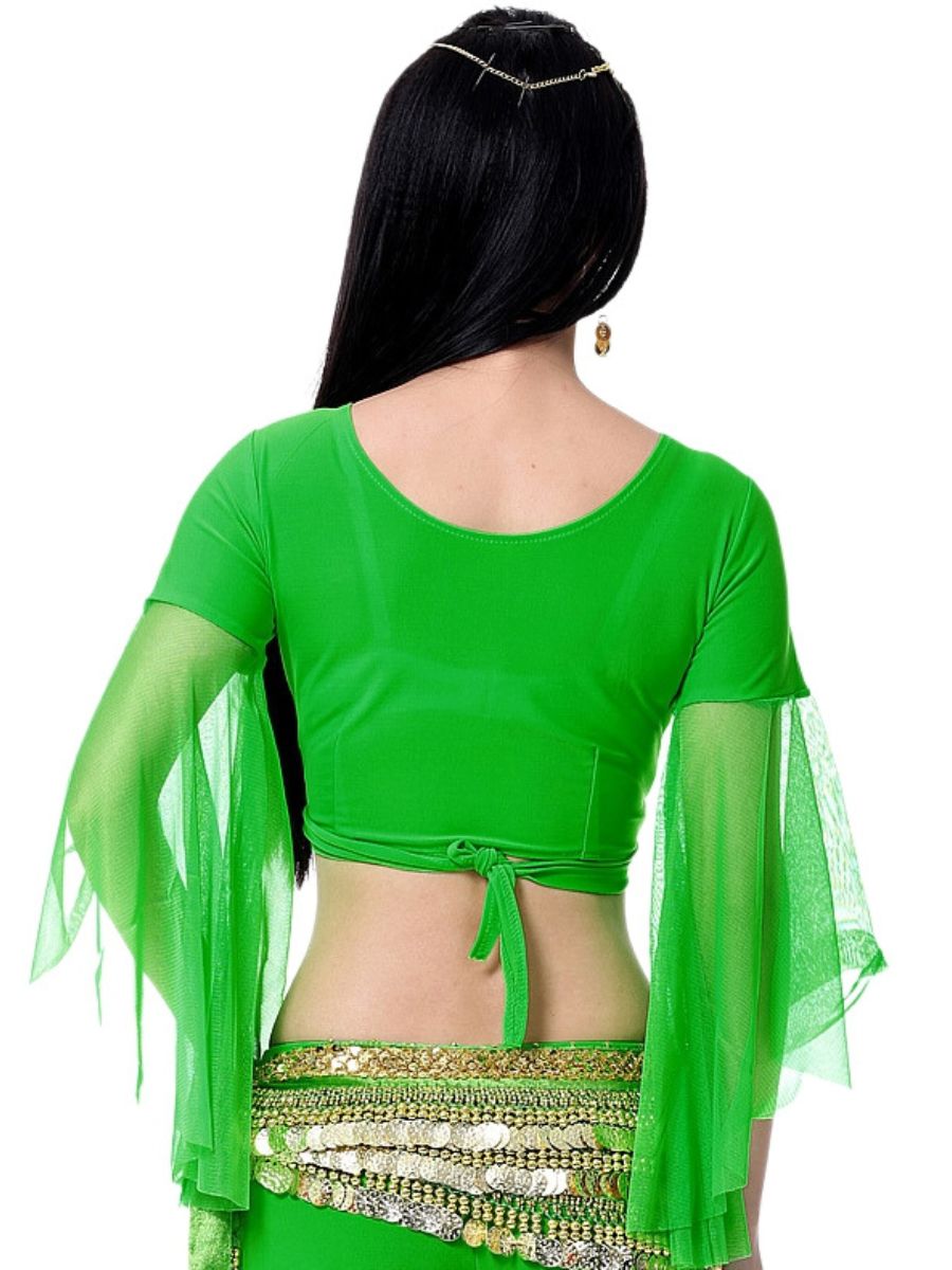 Belly Dance Indian Long Sleeve Tulle Ruched Short Top Performance Costume