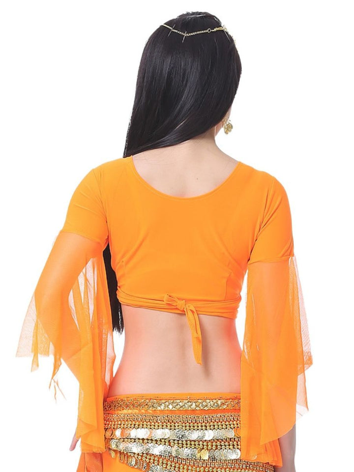 Belly Dance Indian Long Sleeve Tulle Ruched Short Top Performance Costume