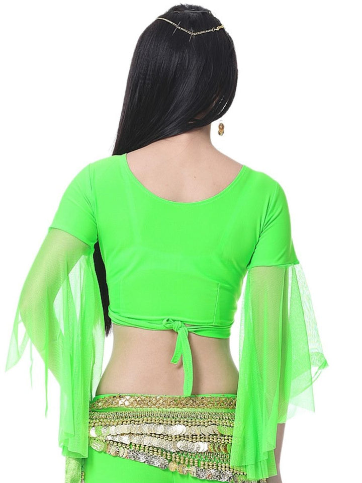 Belly Dance Indian Long Sleeve Tulle Ruched Short Top Performance Costume