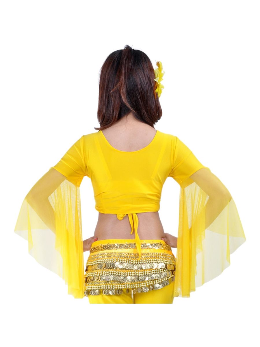 Belly Dance Indian Long Sleeve Tulle Ruched Short Top Performance Costume