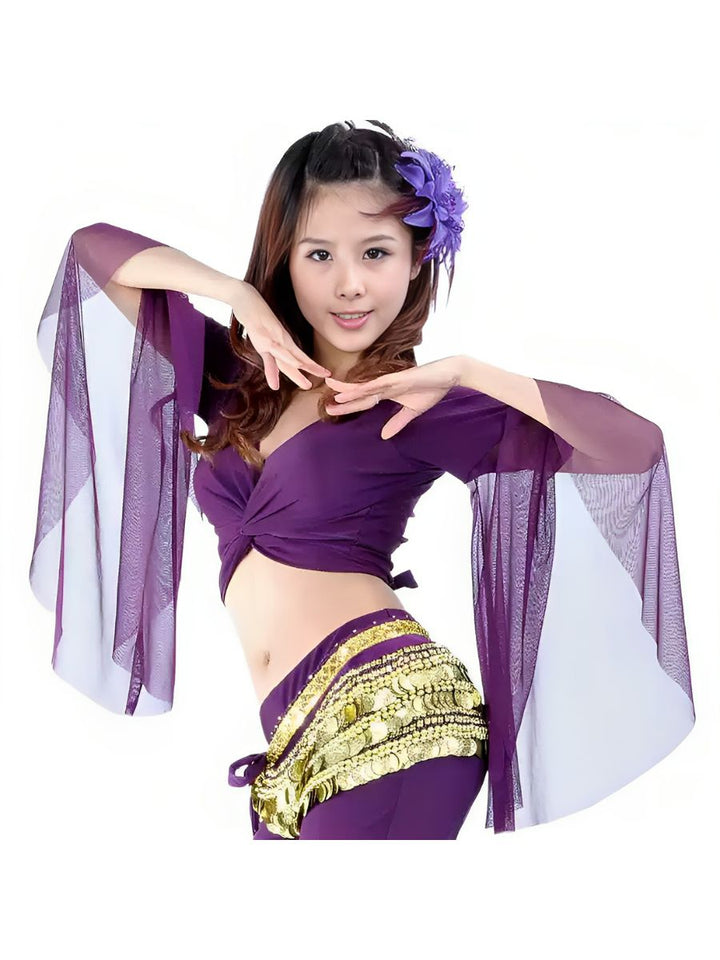 Belly Dance Indian Long Sleeve Tulle Ruched Short Top Performance Costume