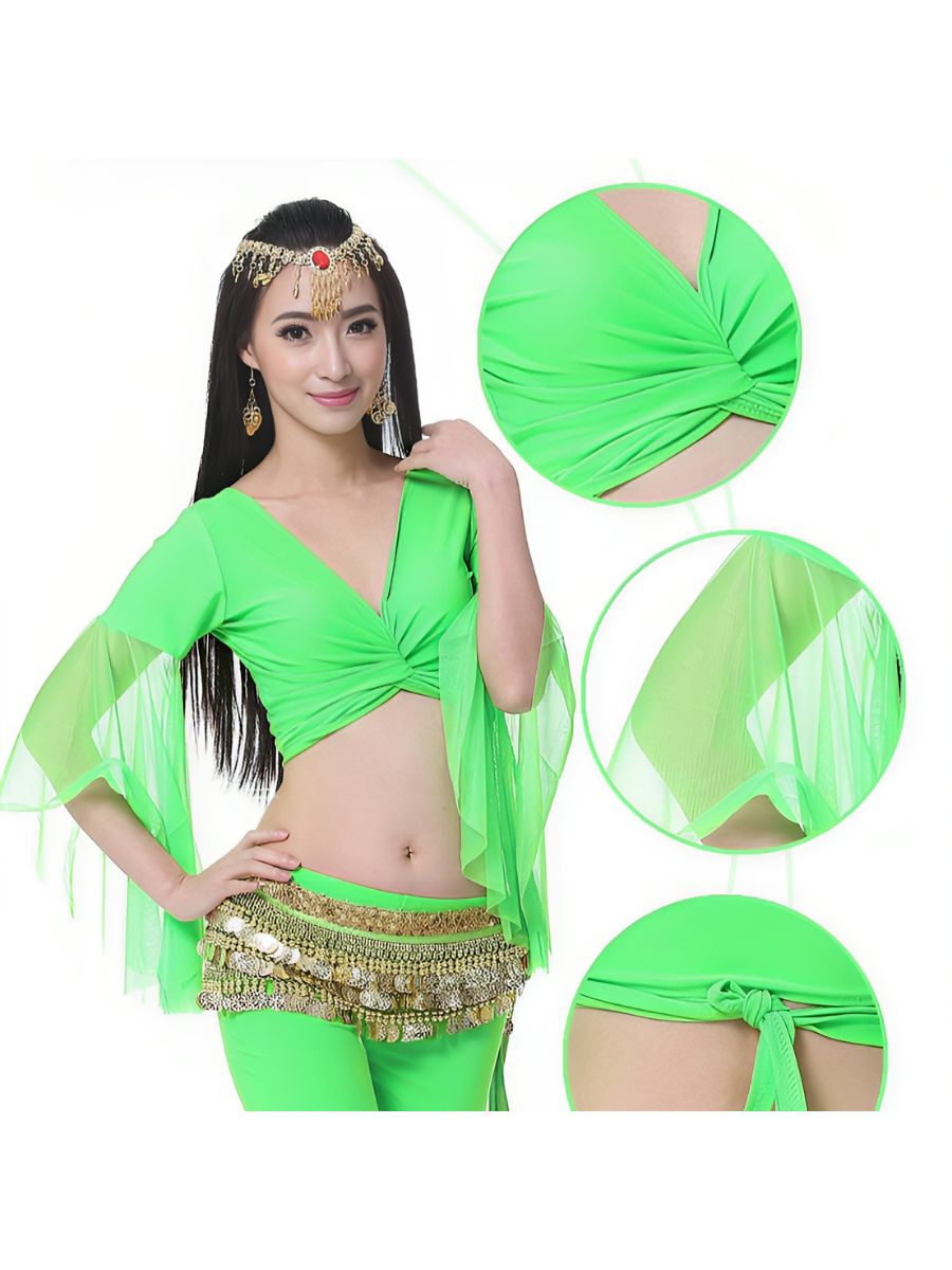 Belly Dance Indian Long Sleeve Tulle Ruched Short Top Performance Costume