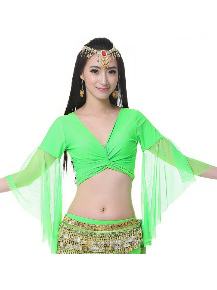 Belly Dance Indian Long Sleeve Tulle Ruched Short Top Performance Costume