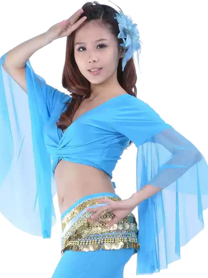 Belly Dance Indian Long Sleeve Tulle Ruched Short Top Performance Costume