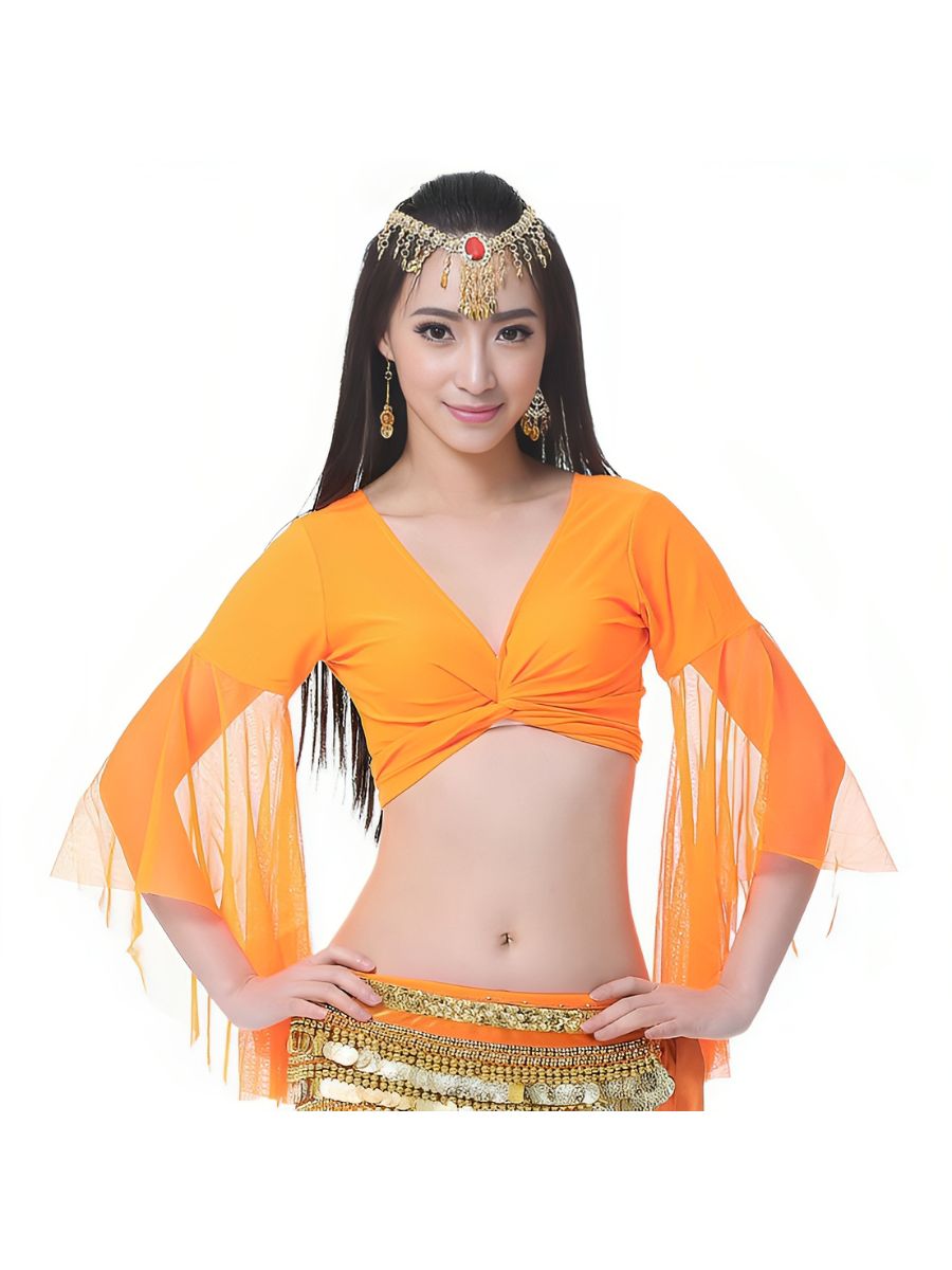 Belly Dance Indian Long Sleeve Tulle Ruched Short Top Performance Costume