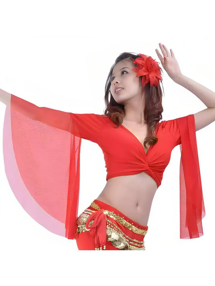 Belly Dance Indian Long Sleeve Tulle Ruched Short Top Performance Costume