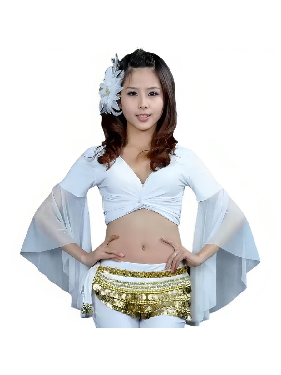 Belly Dance Indian Long Sleeve Tulle Ruched Short Top Performance Costume