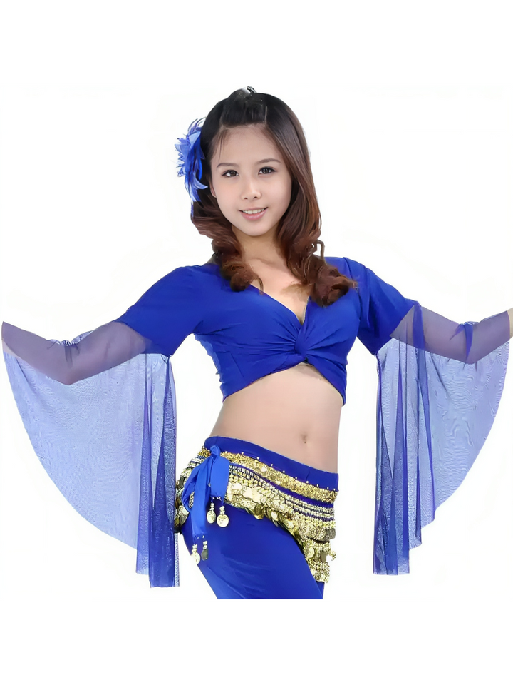 Belly Dance Indian Long Sleeve Tulle Ruched Short Top Performance Costume