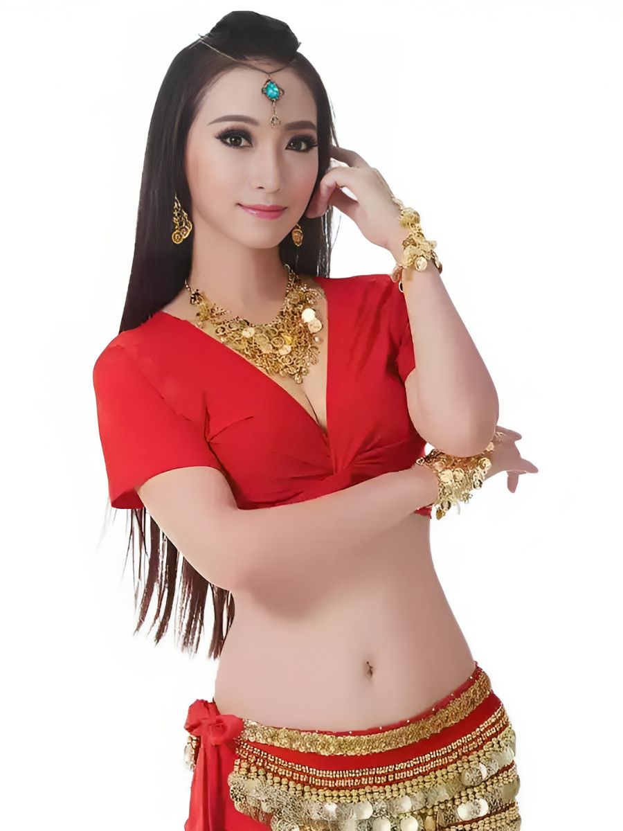 Belly Dance Short Sleeves Vest Ruched Performance Costume with Wrap