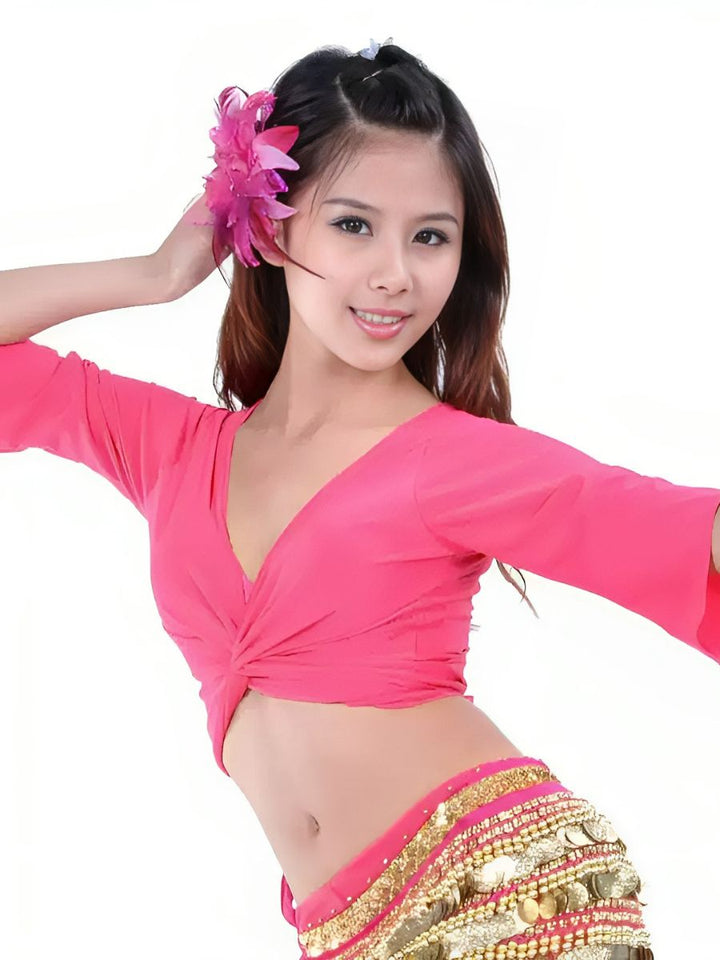 Belly Dance V-Neck 3/4 Sleeves Cotton Ruched Short Top Performance Costume