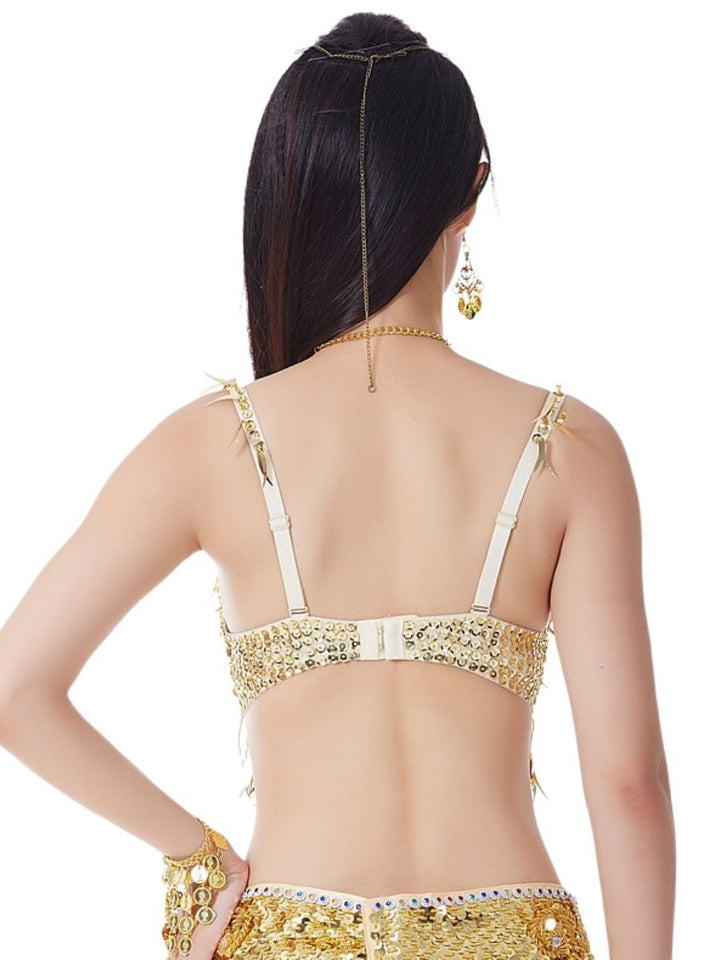 Belly Dancewear Chili Pepper Tassel Sleeveless Bra with Sequins & Beading