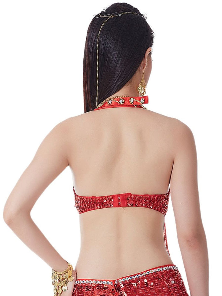 Sexy Belly Dancewear Halter Sequins Tassel Sleeveless Bra with Rhinestone & Beading