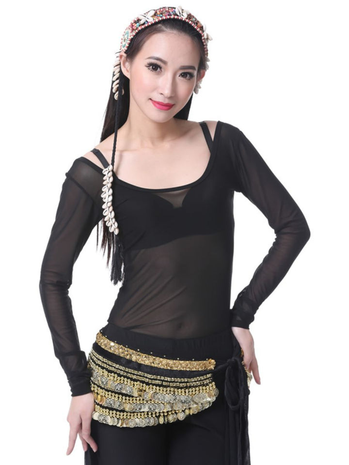 Transparent Belly Dancewear Round Long Sleeves Performance Costume