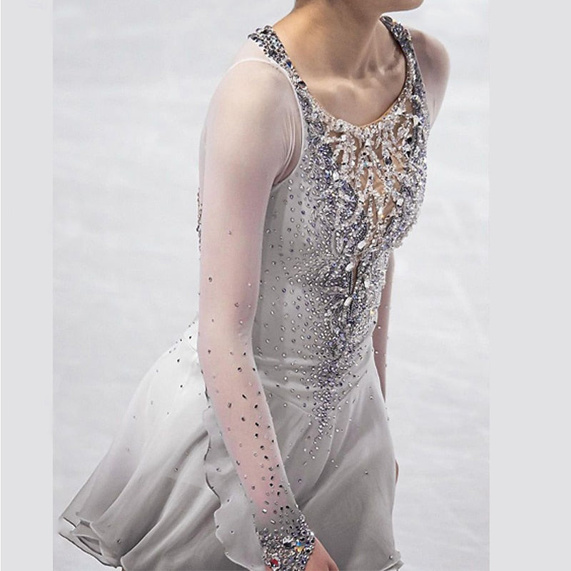 Women's Girls' Long Sleeves Training Practice Sparkly Ice Figure Skating Dress with Rhinestone, Child 8 / White