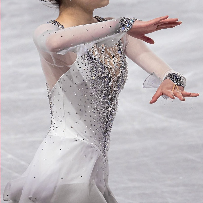 figure skating white dress Women's Girls' Long Sleeves Training Practice Sparkly Ice Figure Skating Dress with Rhinestone, Child 8 / White