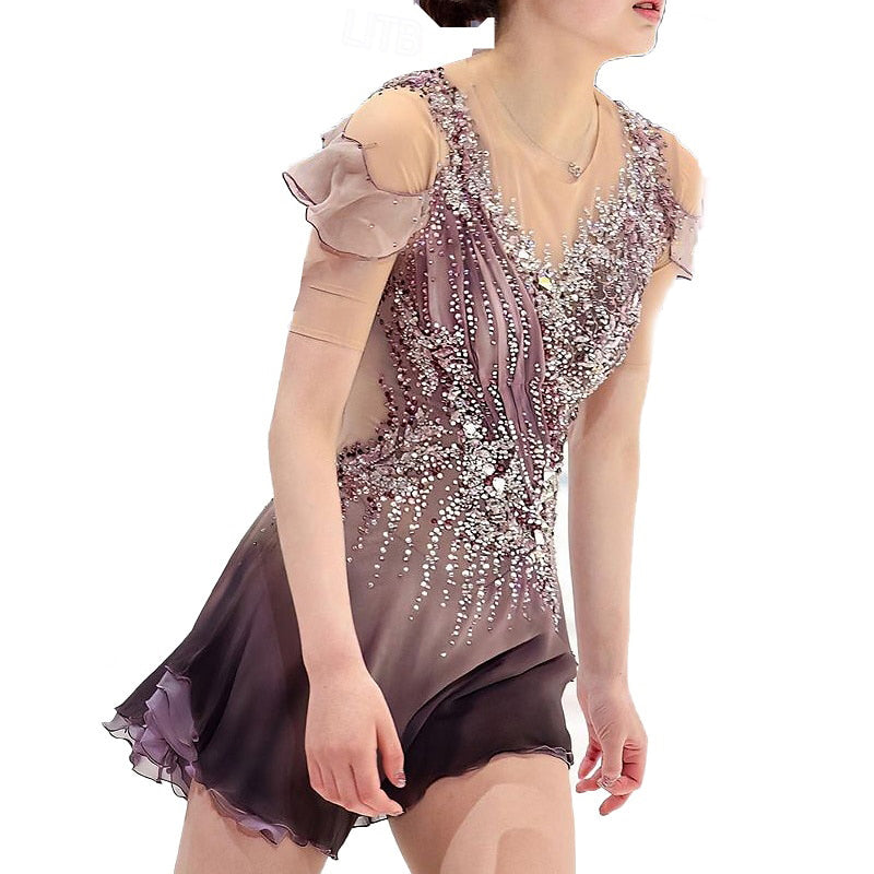 Figure Skating Women's Girls' Short Sleeves Training Practice Sparkly Ice Skating Dress