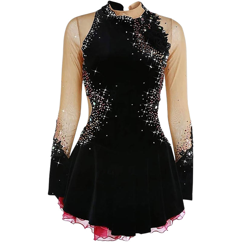 Sparkling Women's Girls' Long Sleeves Training Practice Elegant Figure Skating Dress, Child 8 / Black