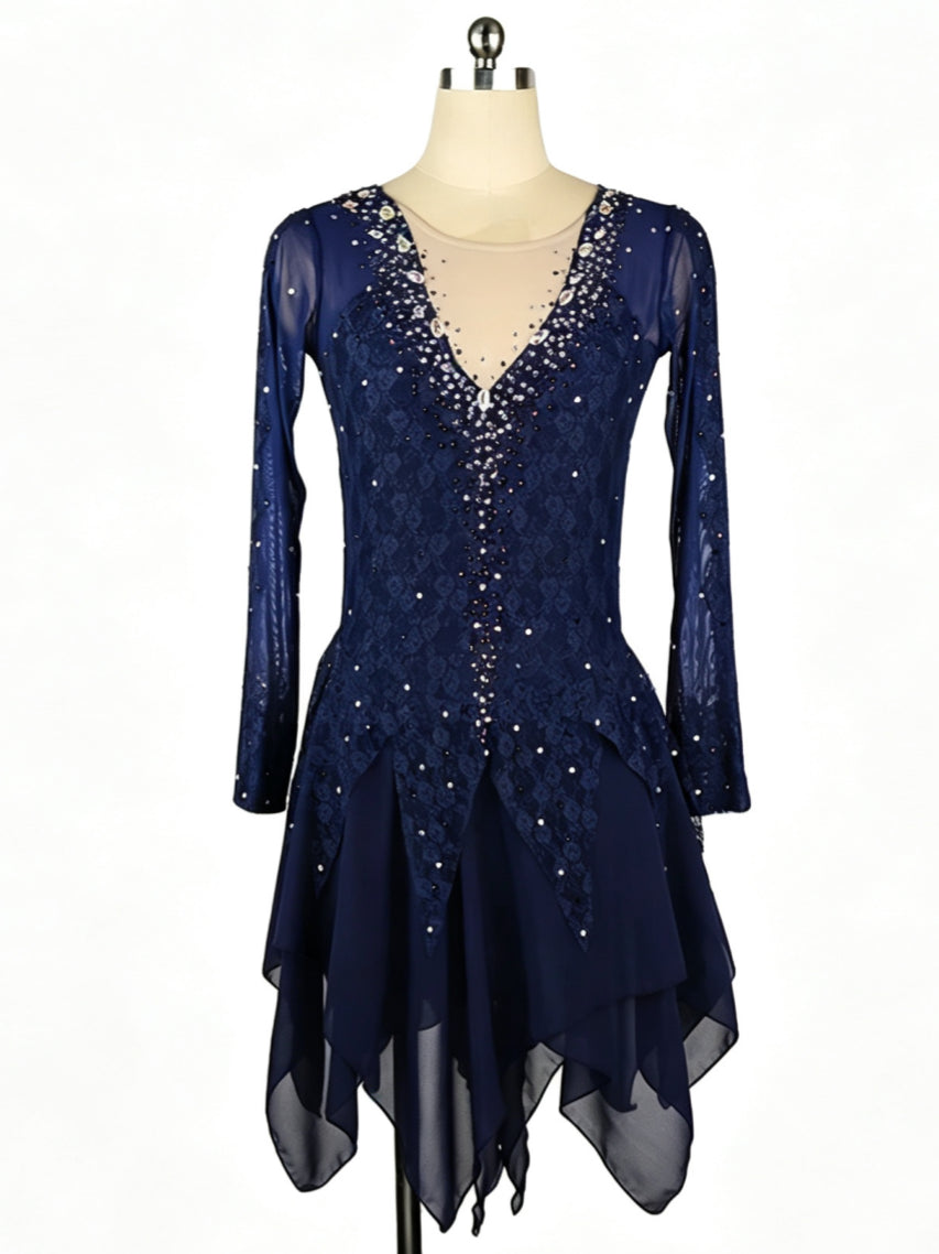 Figure Skating Dress Women's Girls' Ice Skating Dress Navy Blue Tulle Training Practice Professional Skating Wear