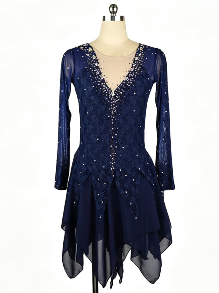 Figure Skating Dress Women's Girls' Ice Skating Dress Navy Blue Tulle Training Practice Professional Skating Wear